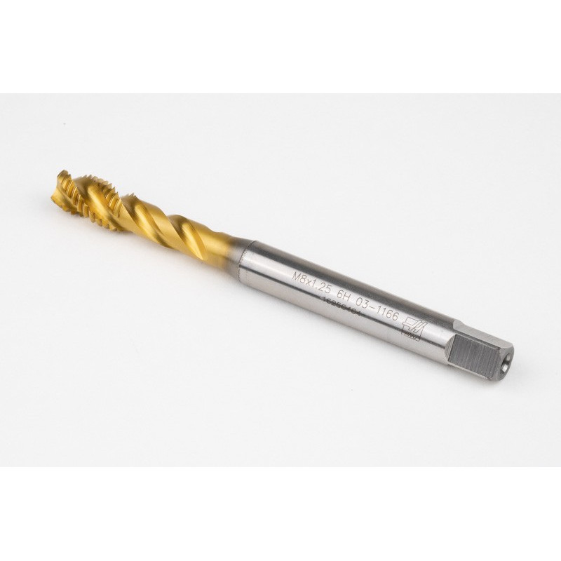 M8x1.25 M HSS-E Spiral Flute Tap, 8mm Shank x 13mm Thread Length, 2.5XD, Mod. Bottoming, 3 Flute, 6H, TiN Coated