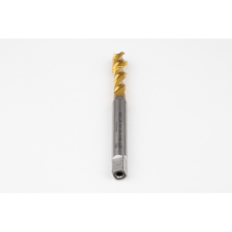 M8x1.25 M HSS-E Spiral Flute Tap, 8mm Shank x 13mm Thread Length, 2.5XD, Mod. Bottoming, 3 Flute, 6H, TiN Coated