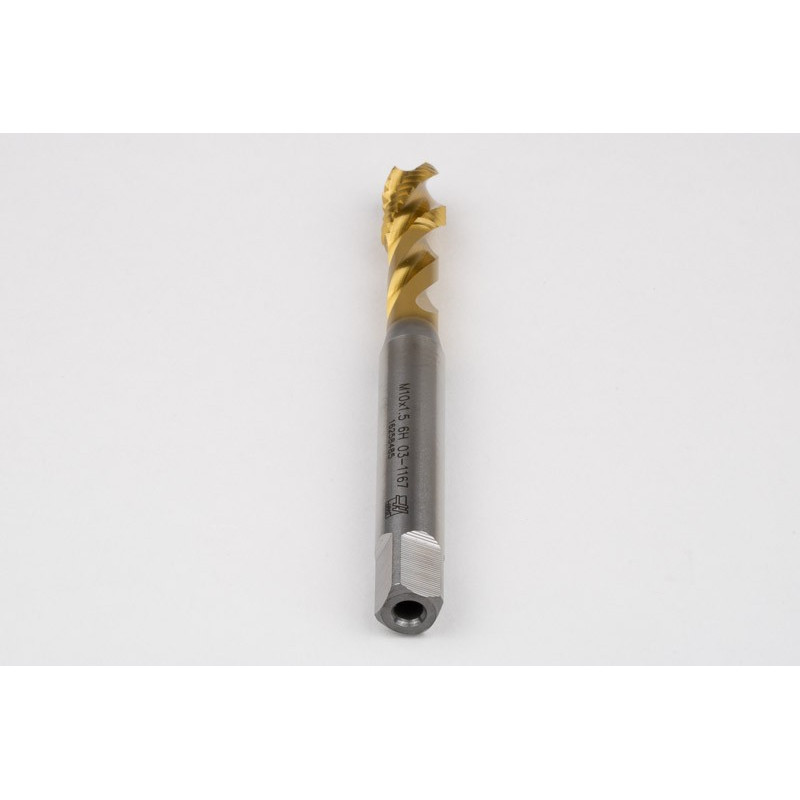 M10x1.5 M HSS-E Spiral Flute Tap, 10mm Shank x 15mm Thread Length, 2.5XD, Mod. Bottoming, 3 Flute, 6H, TiN Coated