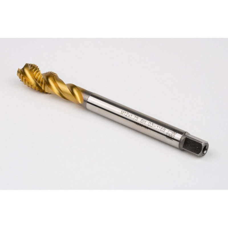 M12x1.75 M HSS-E Spiral Flute Tap, 9mm Shank x 18mm Thread Length, 2.5XD, Mod. Bottoming, 3 Flute, 6H, TiN Coated