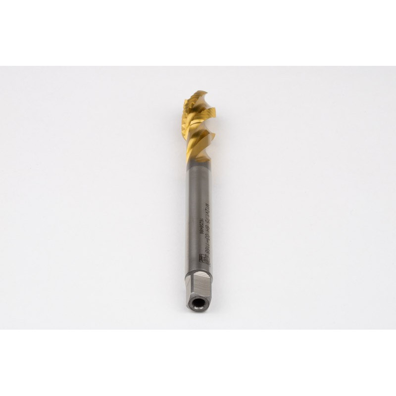 M12x1.75 M HSS-E Spiral Flute Tap, 9mm Shank x 18mm Thread Length, 2.5XD, Mod. Bottoming, 3 Flute, 6H, TiN Coated