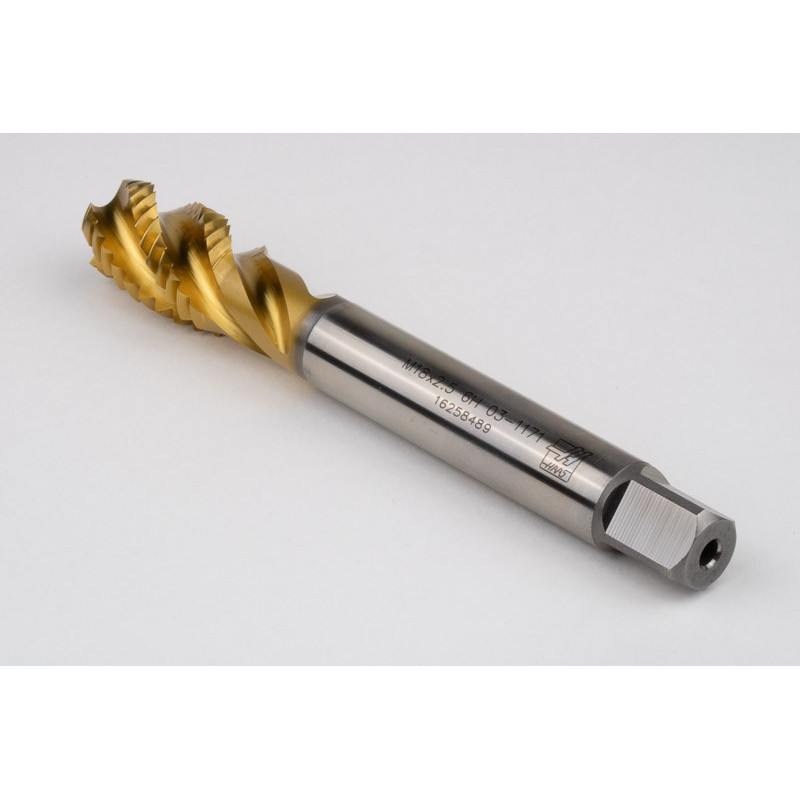 M18x2.5 M HSS-E Spiral Flute Tap, 14mm Shank x 25mm Thread Length, 2.5XD, Mod. Bottoming, 4 Flute, 6H, TiN Coated