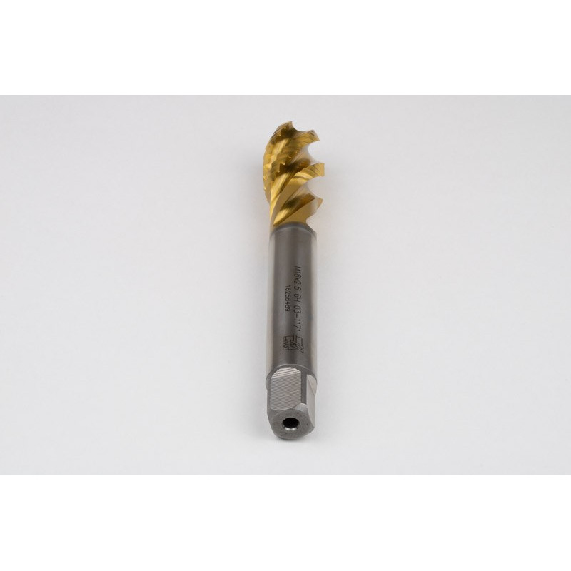 M18x2.5 M HSS-E Spiral Flute Tap, 14mm Shank x 25mm Thread Length, 2.5XD, Mod. Bottoming, 4 Flute, 6H, TiN Coated