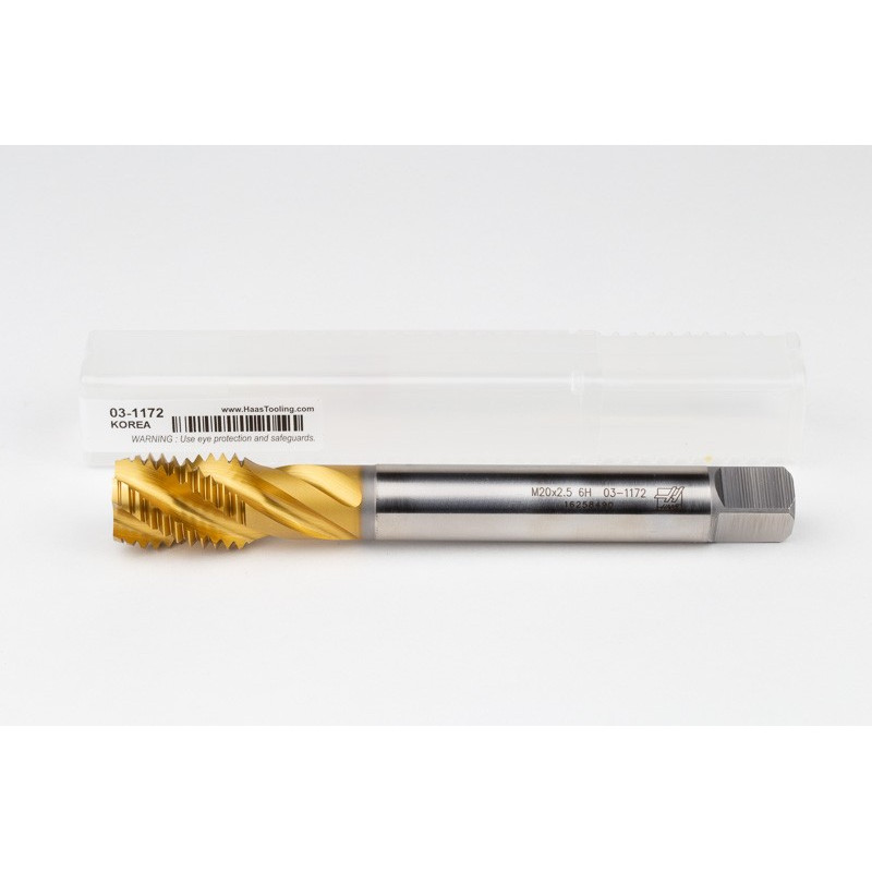 M20x2.5 M HSS-E Spiral Flute Tap, 16mm Shank x 25mm Thread Length, 2.5XD, Mod. Bottoming, 4 Flute, 6H, TiN Coated