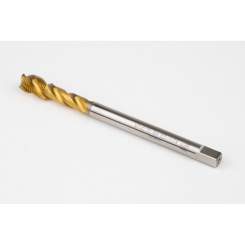 M7x0.75 MF HSS-E Spiral Flute Tap, 5.5mm Shank x 10mm Thread Length, 2.5XD, Mod. Bottoming, 3 Flute, 6H, TiN Coated