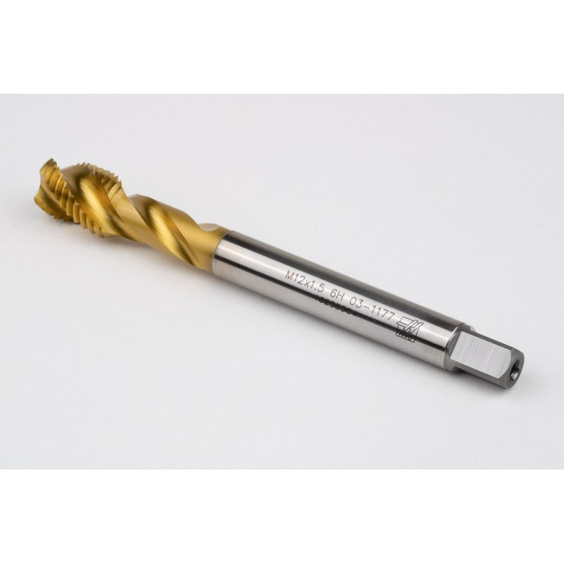 M12x1.5 MF HSS-E Spiral Flute Tap, 9mm Shank x 15mm Thread Length, 2.5XD, Mod. Bottoming, 3 Flute, 6H, TiN Coated