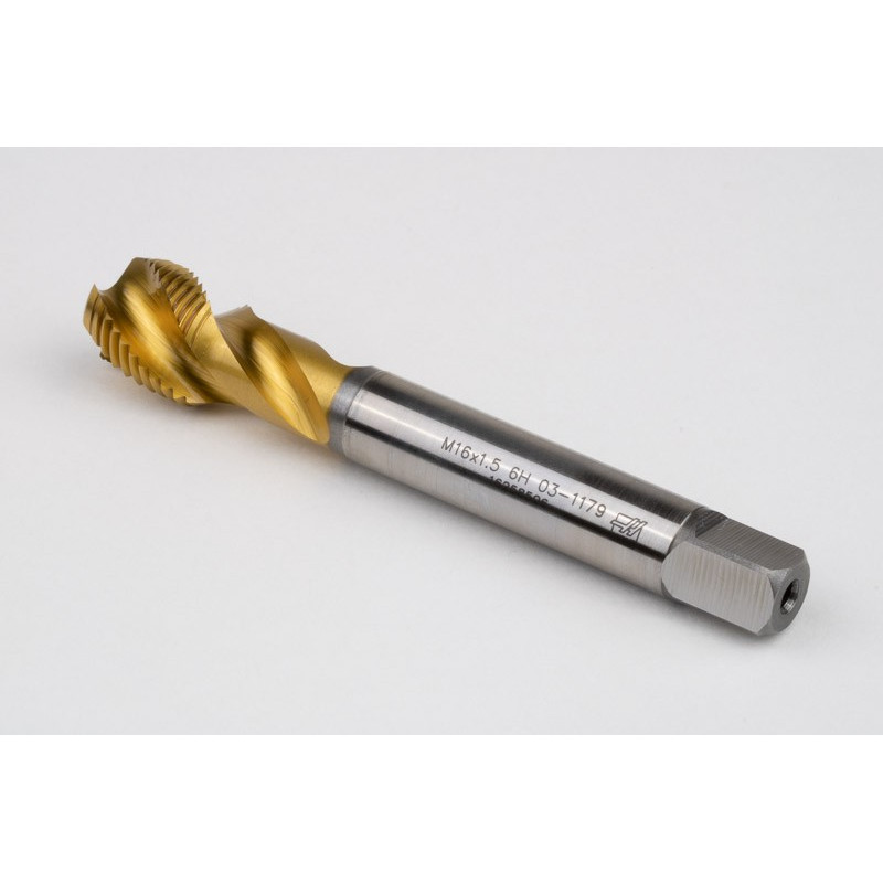 M16x1.5 MF HSS-E Spiral Flute Tap, 12mm Shank x 15mm Thread Length, 2.5XD, Mod. Bottoming, 3 Flute, 6H, TiN Coated