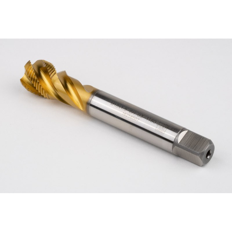M18x1.5 MF HSS-E Spiral Flute Tap, 14mm Shank x 17mm Thread Length, 2.5XD, Mod. Bottoming, 4 Flute, 6H, TiN Coated