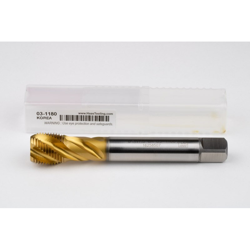 M18x1.5 MF HSS-E Spiral Flute Tap, 14mm Shank x 17mm Thread Length, 2.5XD, Mod. Bottoming, 4 Flute, 6H, TiN Coated