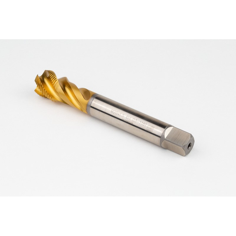 M20x1.5 MF HSS-E Spiral Flute Tap, 16mm Shank x 17mm Thread Length, 2.5XD, Mod. Bottoming, 4 Flute, 6H, TiN Coated