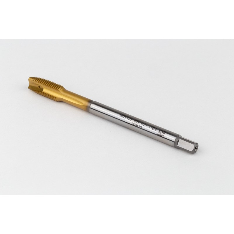 M8x1.0 MF HSS-E Spiral Point Tap, 6mm Shank x 17mm Thread Length, 3XD, Plug, 3 Flute, 6H, TiN Coated