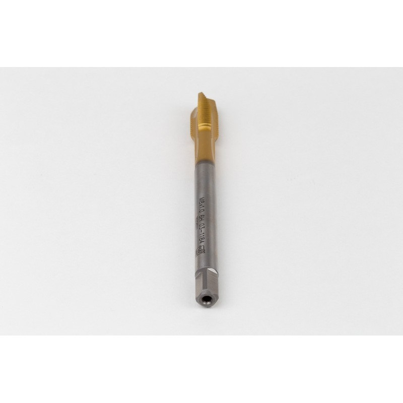 M8x1.0 MF HSS-E Spiral Point Tap, 6mm Shank x 17mm Thread Length, 3XD, Plug, 3 Flute, 6H, TiN Coated