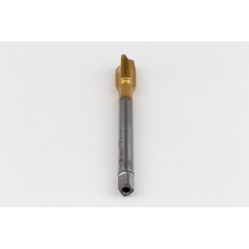 M10x1.25 MF HSS-E Spiral Point Tap, 7mm Shank x 22mm Thread Length, 3XD, Plug, 3 Flute, 6H, TiN Coated