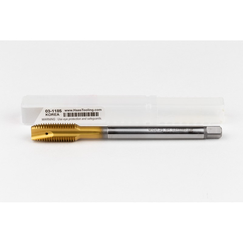M10x1.25 MF HSS-E Spiral Point Tap, 7mm Shank x 22mm Thread Length, 3XD, Plug, 3 Flute, 6H, TiN Coated