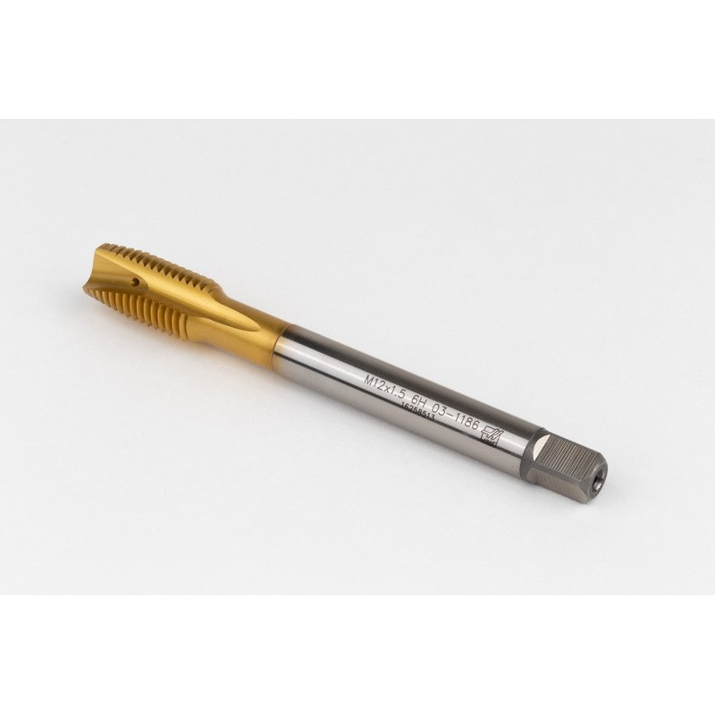 M12x1.5 MF HSS-E Spiral Point Tap, 9mm Shank x 22mm Thread Length, 3XD, Plug, 3 Flute, 6H, TiN Coated