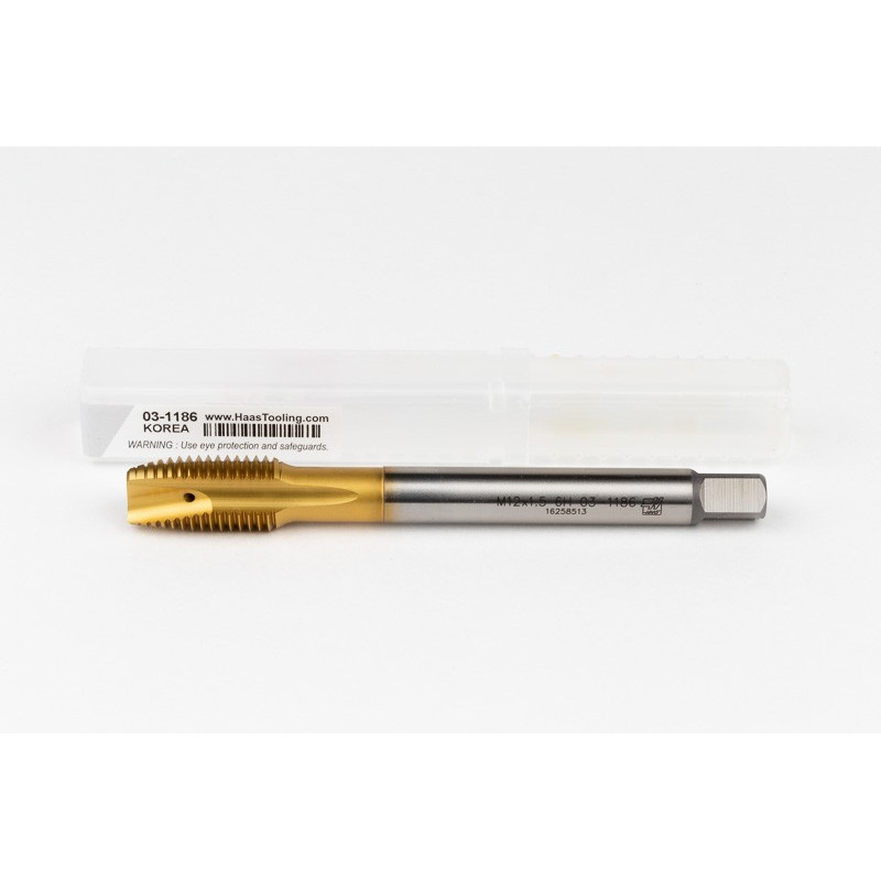 M12x1.5 MF HSS-E Spiral Point Tap, 9mm Shank x 22mm Thread Length, 3XD, Plug, 3 Flute, 6H, TiN Coated