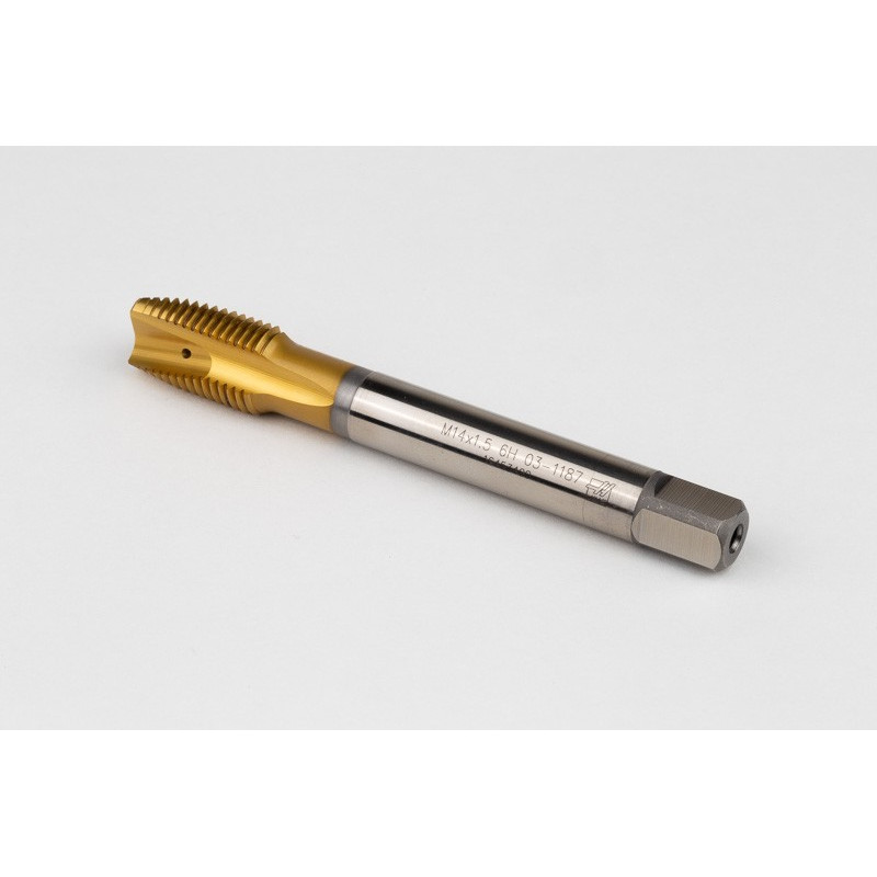 M14x1.5 MF HSS-E Spiral Point Tap, 11mm Shank x 22mm Thread Length, 3XD, Plug, 3 Flute, 6H, TiN Coated