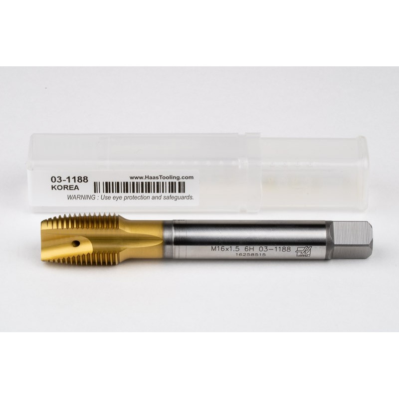 M16x1.5 MF HSS-E Spiral Point Tap, 12mm Shank x 22mm Thread Length, 3XD, Plug, 3 Flute, 6H, TiN Coated
