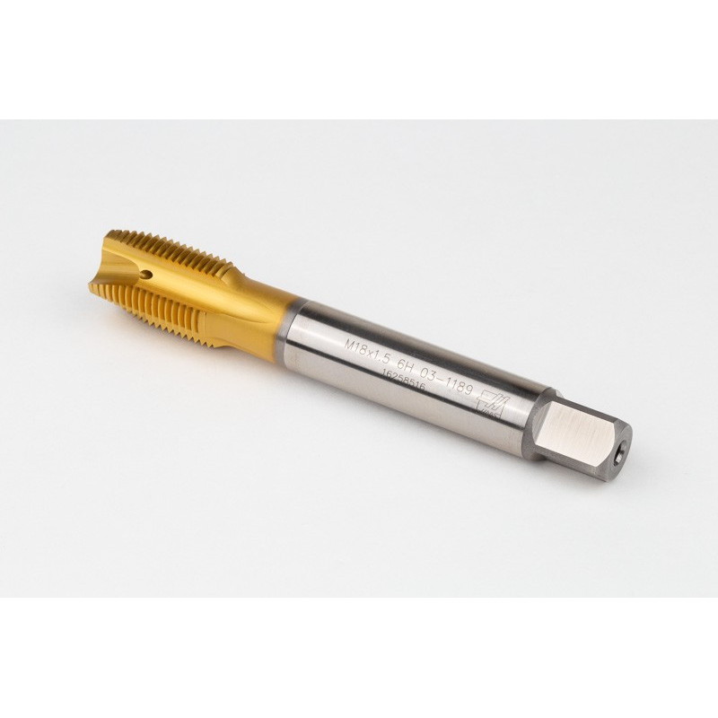 M18x1.5 MF HSS-E Spiral Point Tap, 14mm Shank x 25mm Thread Length, 3XD, Plug, 4 Flute, 6H, TiN Coated