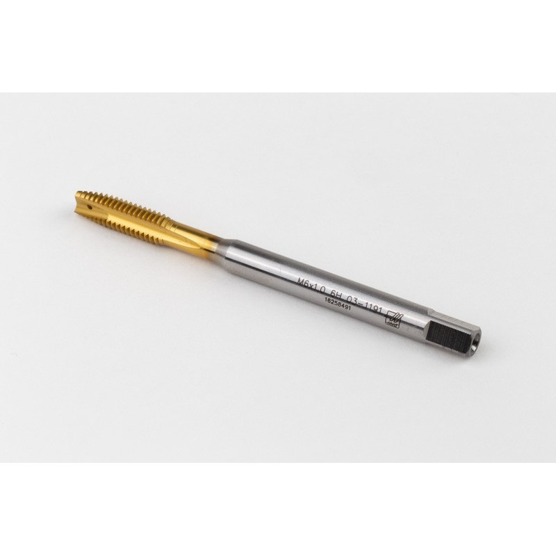 M6x1.0 M HSS-E Spiral Point Tap, 6mm Shank x 17mm Thread Length, 3XD, Plug, 3 Flute, 6H, TiN Coated