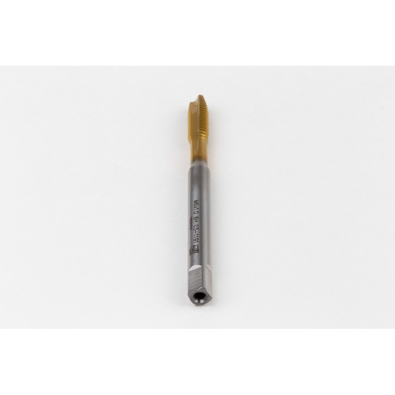 M6x1.0 M HSS-E Spiral Point Tap, 6mm Shank x 17mm Thread Length, 3XD, Plug, 3 Flute, 6H, TiN Coated
