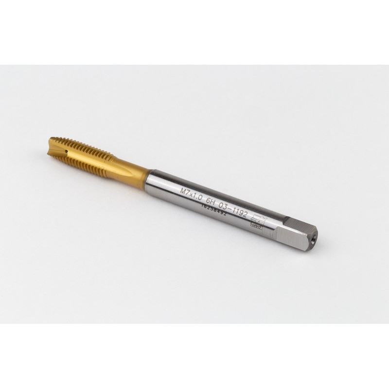 M7x1.0 M HSS-E Spiral Point Tap, 7mm Shank x 17mm Thread Length, 3XD, Plug, 3 Flute, 6H, TiN Coated