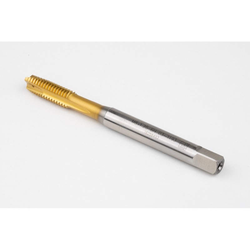 M8x1.25 M HSS-E Spiral Point Tap, 8mm Shank x 20mm Thread Length, 3XD, Plug, 3 Flute, 6H, TiN Coated