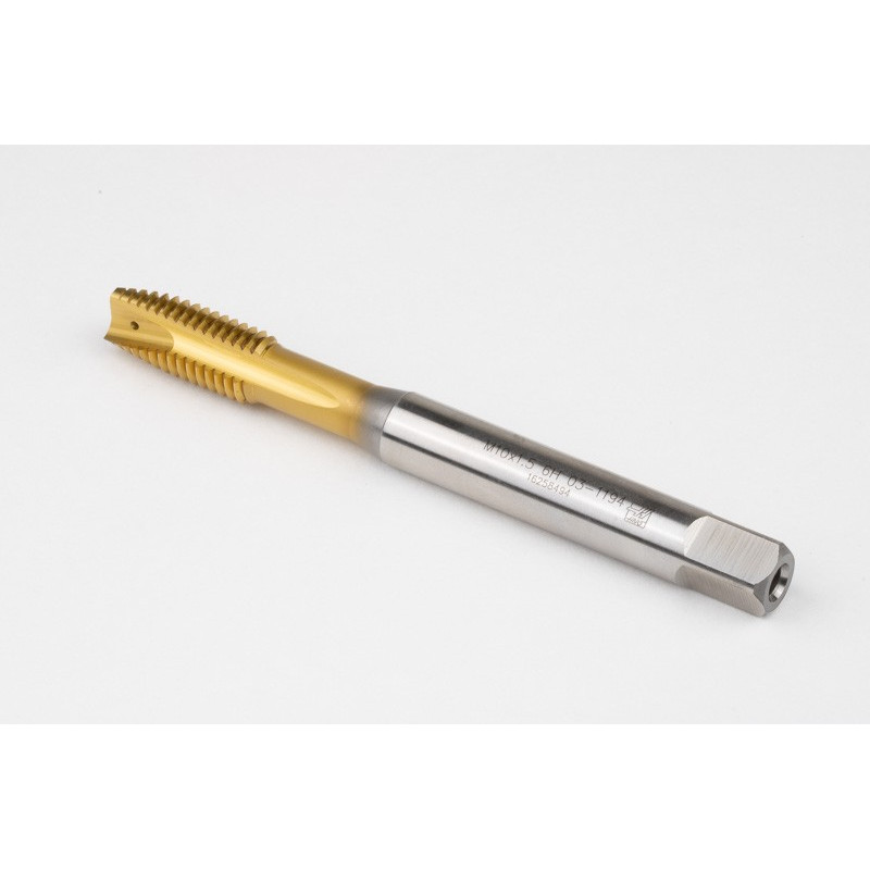 M10x1.5 M HSS-E Spiral Point Tap, 10mm Shank x 22mm Thread Length, 3XD, Plug, 3 Flute, 6H, TiN Coated