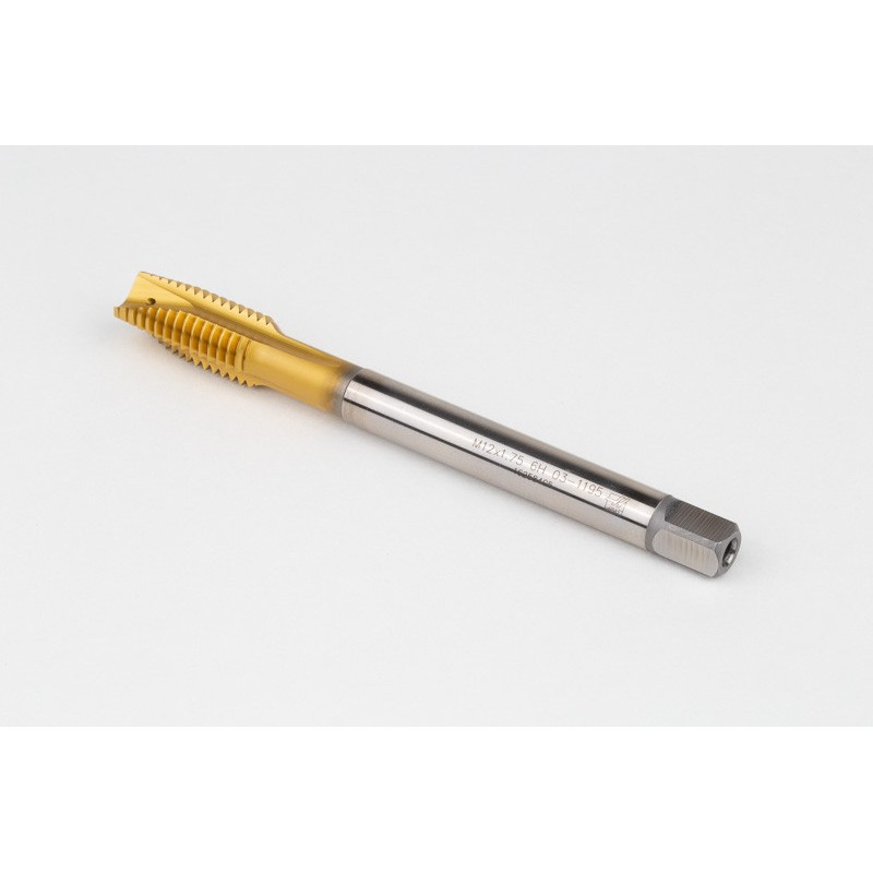 M12x1.75 M HSS-E Spiral Point Tap, 9mm Shank x 24mm Thread Length, 3XD, Plug, 3 Flute, 6H, TiN Coated