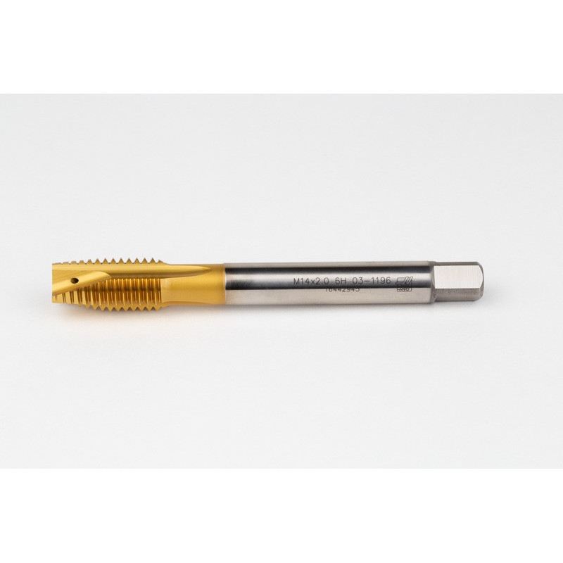 M14x2.0 M HSS-E Spiral Point Tap, 11mm Shank x 26mm Thread Length, 3XD, Plug, 3 Flute, 6H, TiN Coated