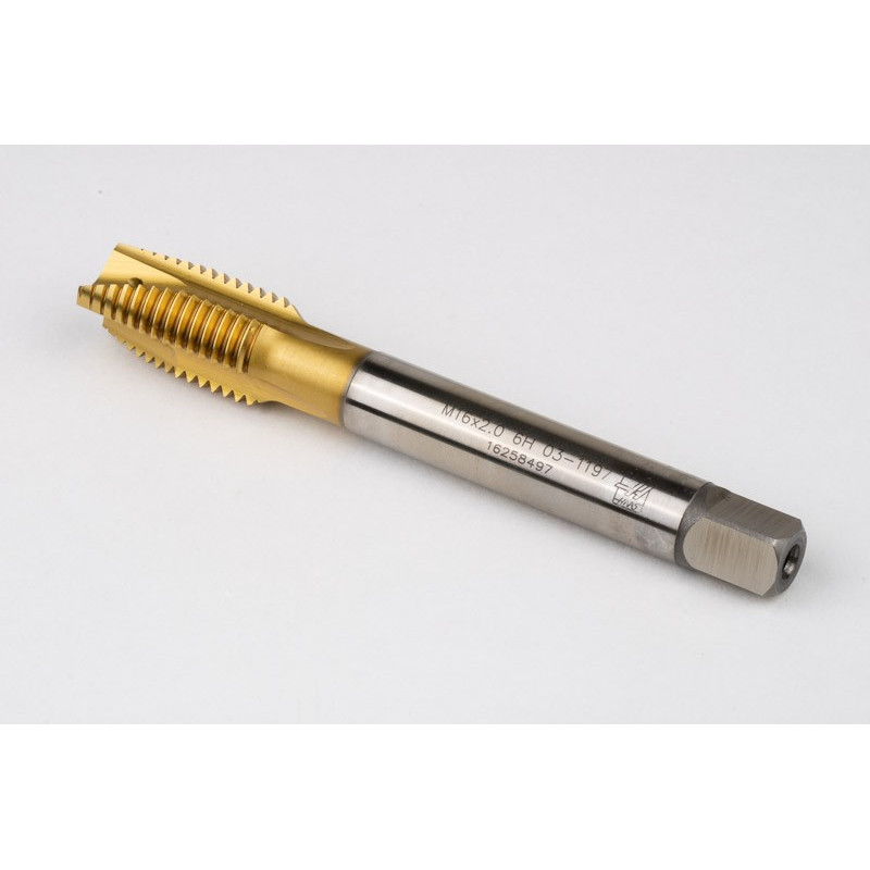 M16x2.0 M HSS-E Spiral Point Tap, 12mm Shank x 27mm Thread Length, 3XD, Plug, 3 Flute, 6H, TiN Coated