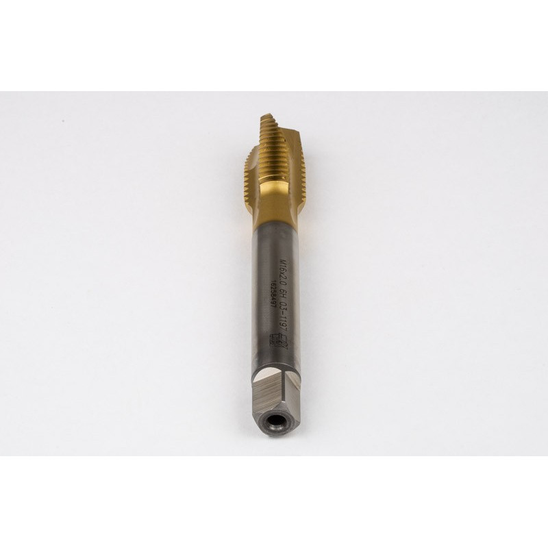 M16x2.0 M HSS-E Spiral Point Tap, 12mm Shank x 27mm Thread Length, 3XD, Plug, 3 Flute, 6H, TiN Coated