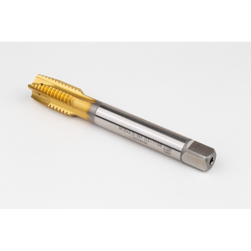 M18x2.5 M HSS-E Spiral Point Tap, 14mm Shank x 30mm Thread Length, 3XD, Plug, 4 Flute, 6H, TiN Coated