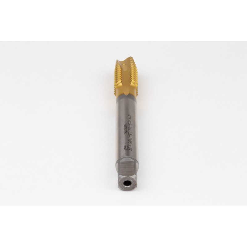 M18x2.5 M HSS-E Spiral Point Tap, 14mm Shank x 30mm Thread Length, 3XD, Plug, 4 Flute, 6H, TiN Coated