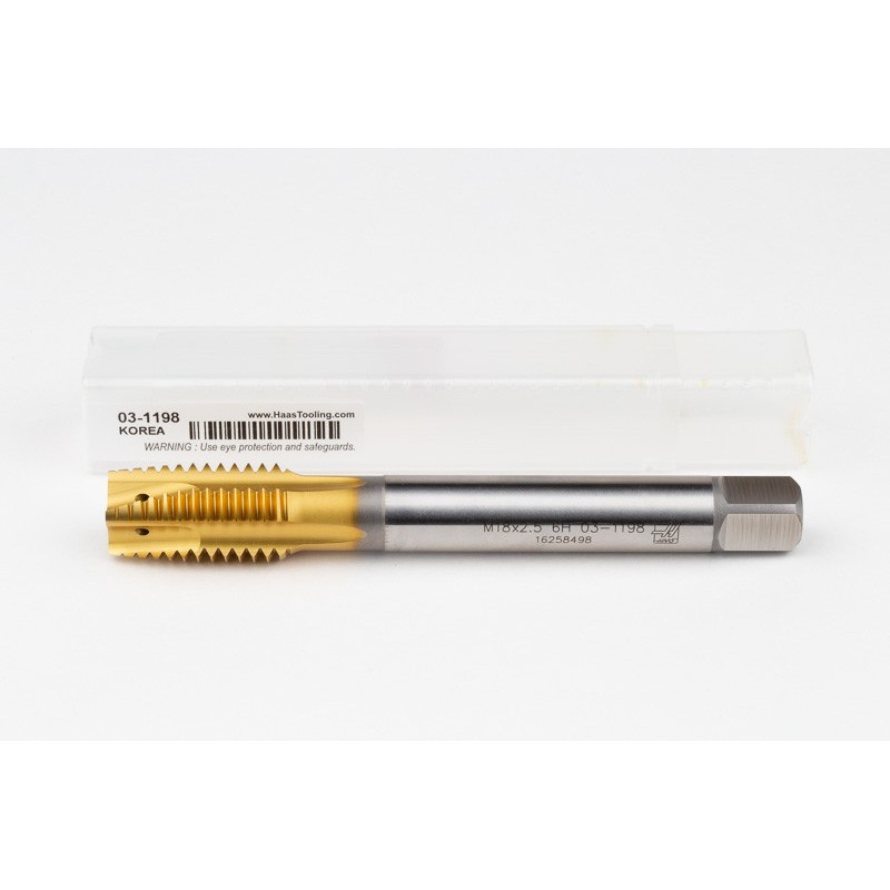 M18x2.5 M HSS-E Spiral Point Tap, 14mm Shank x 30mm Thread Length, 3XD, Plug, 4 Flute, 6H, TiN Coated