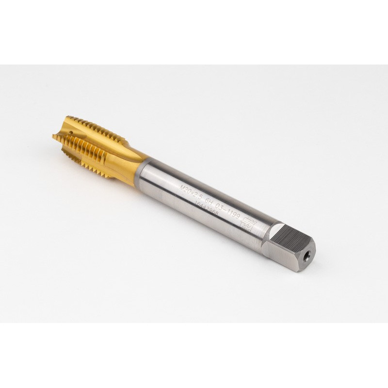 M20x2.5 M HSS-E Spiral Point Tap, 16mm Shank x 32mm Thread Length, 3XD, Plug, 4 Flute, 6H, TiN Coated