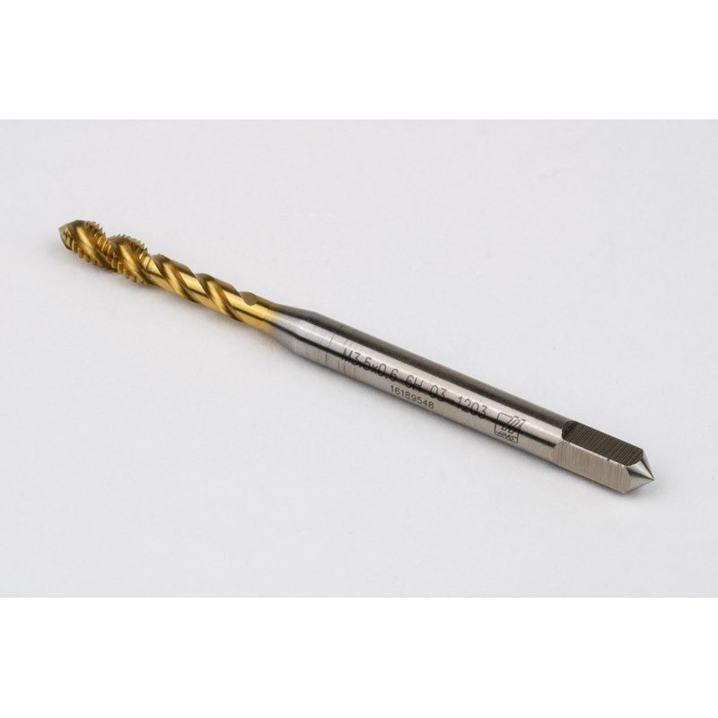 M3.5x0.6 M HSS-E Spiral Flute Tap, 4mm Shank x 7mm Thread Length, 2.5XD, Mod. Bottoming, 3 Flute, 6H, TiN Coated