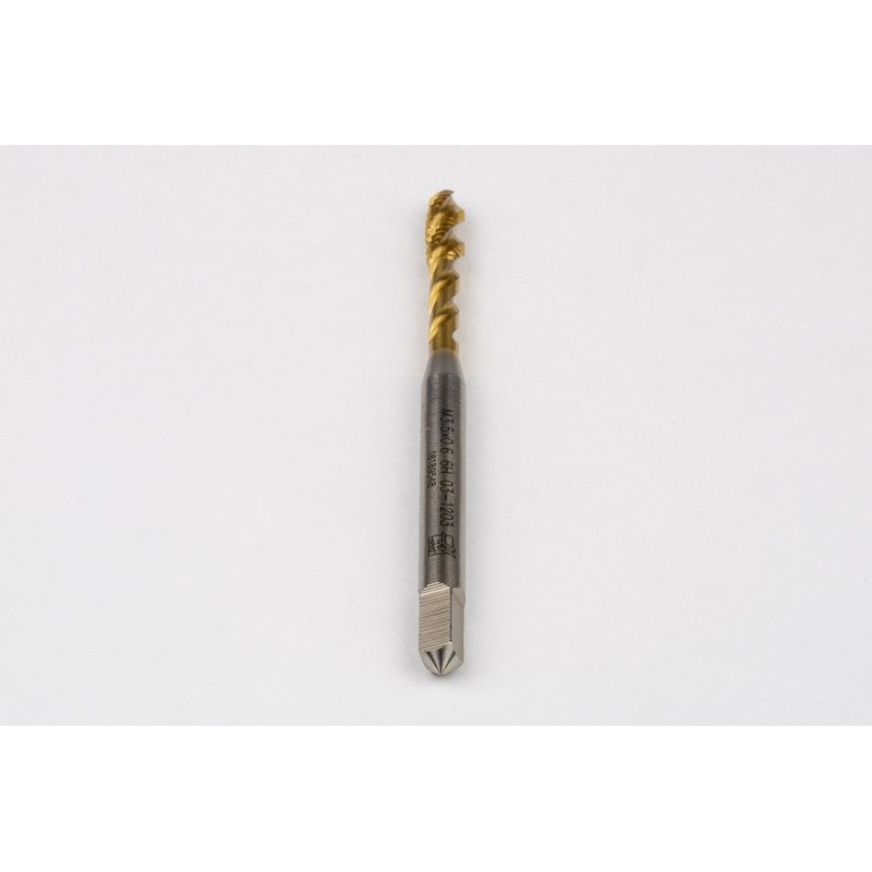 M3.5x0.6 M HSS-E Spiral Flute Tap, 4mm Shank x 7mm Thread Length, 2.5XD, Mod. Bottoming, 3 Flute, 6H, TiN Coated