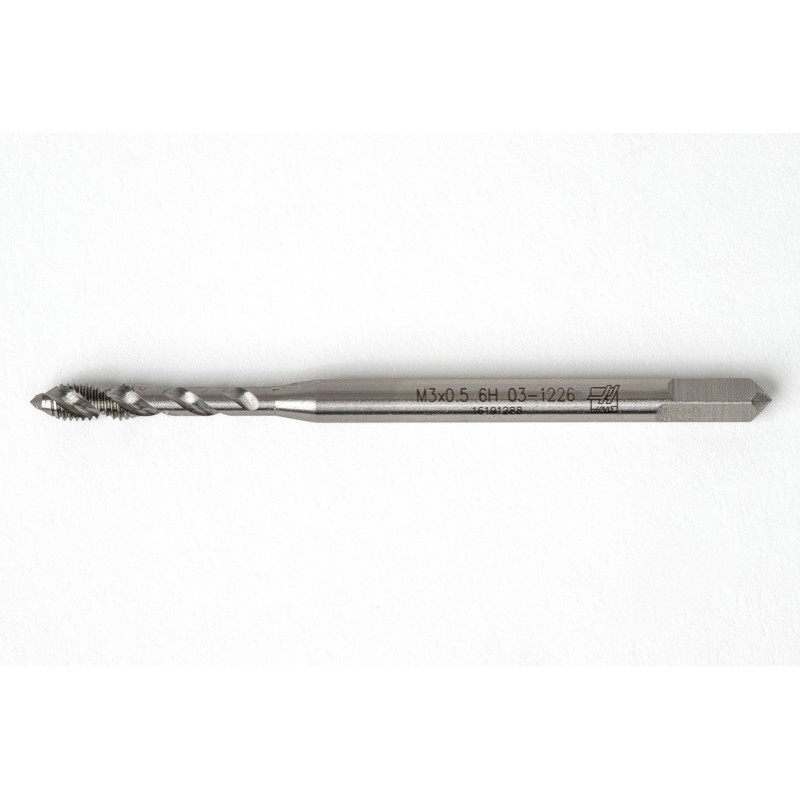 M3x0.5 M HSS-E Spiral Flute Tap, 3.5mm Shank x 6mm Thread Length, 2.5XD, Mod. Bottoming, 2 Flute, 6H, Uncoated