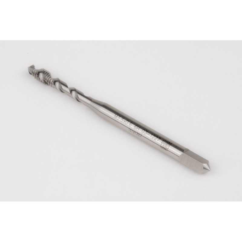 M3.5x0.6 M HSS-E Spiral Flute Tap, 4mm Shank x 7mm Thread Length, 2.5XD, Mod. Bottoming, 2 Flute, 6H, Uncoated