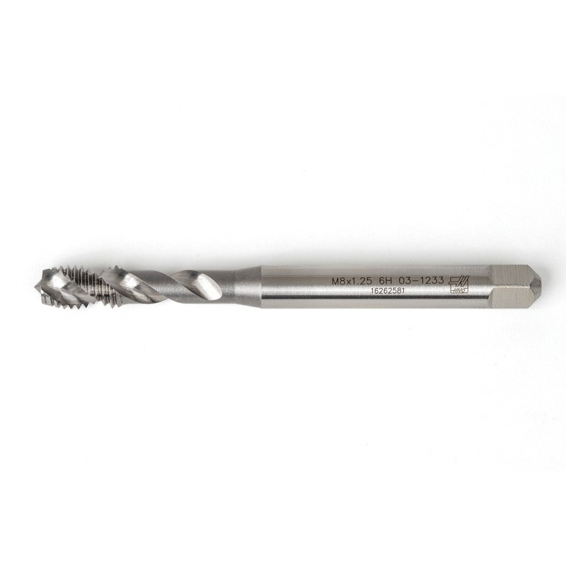 M8x1.25 M HSS-E Spiral Flute Tap, 8mm Shank x 13mm Thread Length, 2.5XD, Mod. Bottoming, 2 Flute, 6H, Uncoated