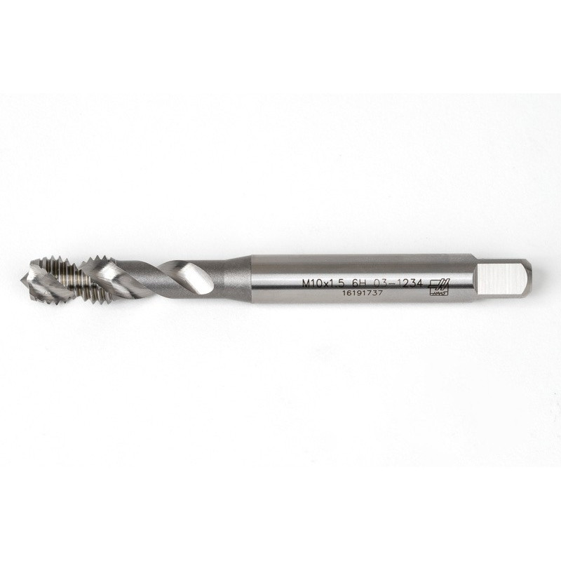 M10x1.5 M HSS-E Spiral Flute Tap, 10mm Shank x 15mm Thread Length, 2.5XD, Mod. Bottoming, 2 Flute, 6H, Uncoated