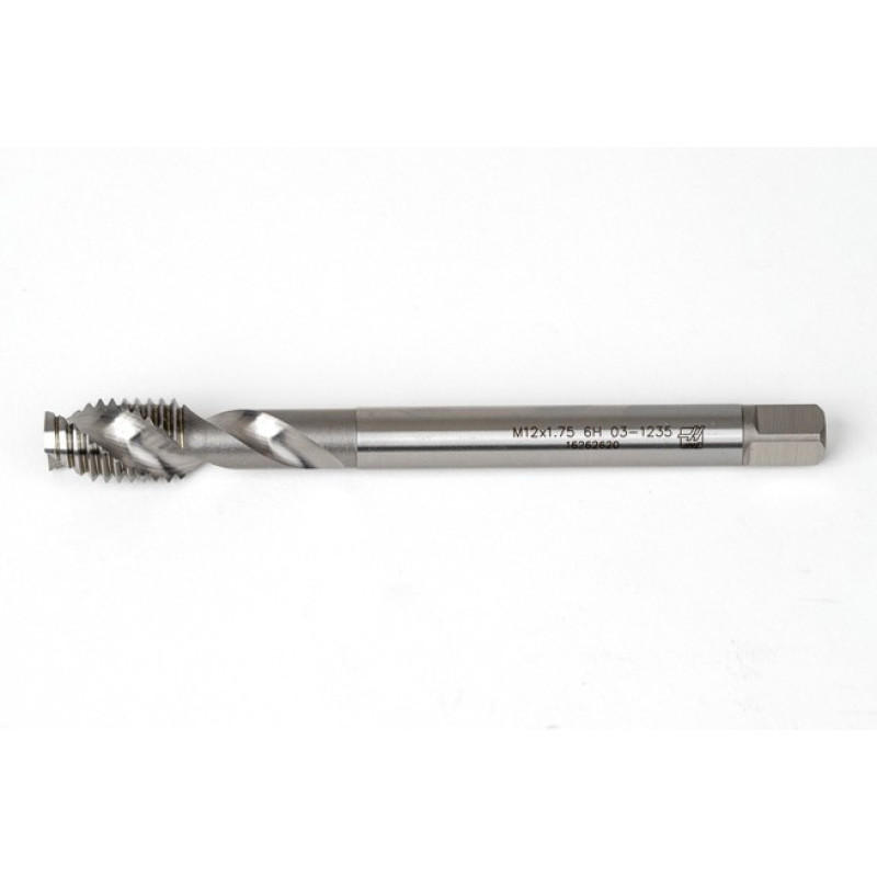 M12x1.75 M HSS-E Spiral Flute Tap, 9mm Shank x 18mm Thread Length, 2.5XD, Mod. Bottoming, 2 Flute, 6H, Uncoated