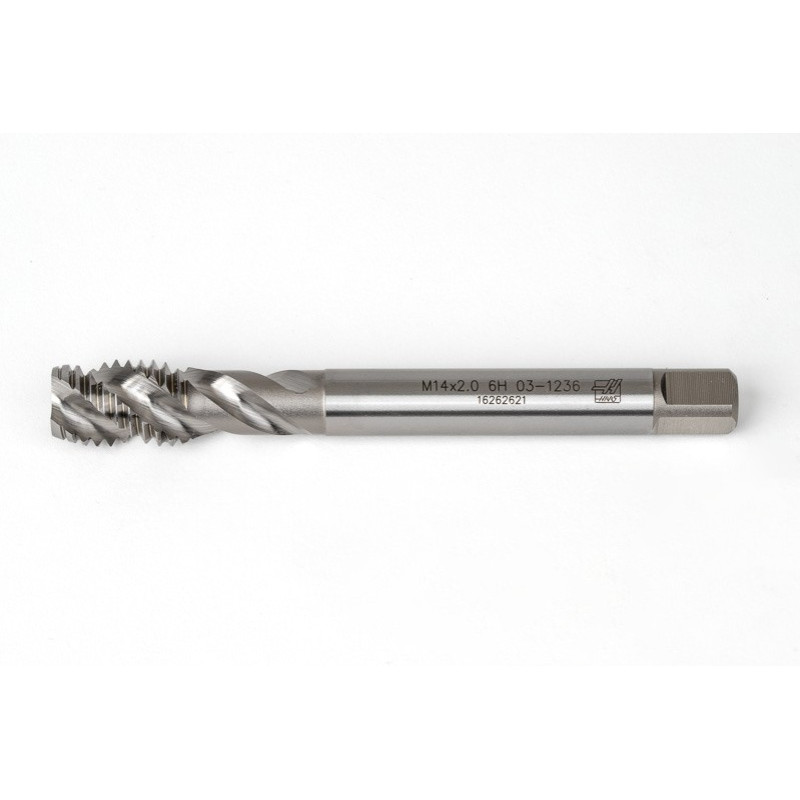 M14x2.0 M HSS-E Spiral Flute Tap, 11mm Shank x 20mm Thread Length, 2.5XD, Mod. Bottoming, 3 Flute, 6H, Uncoated