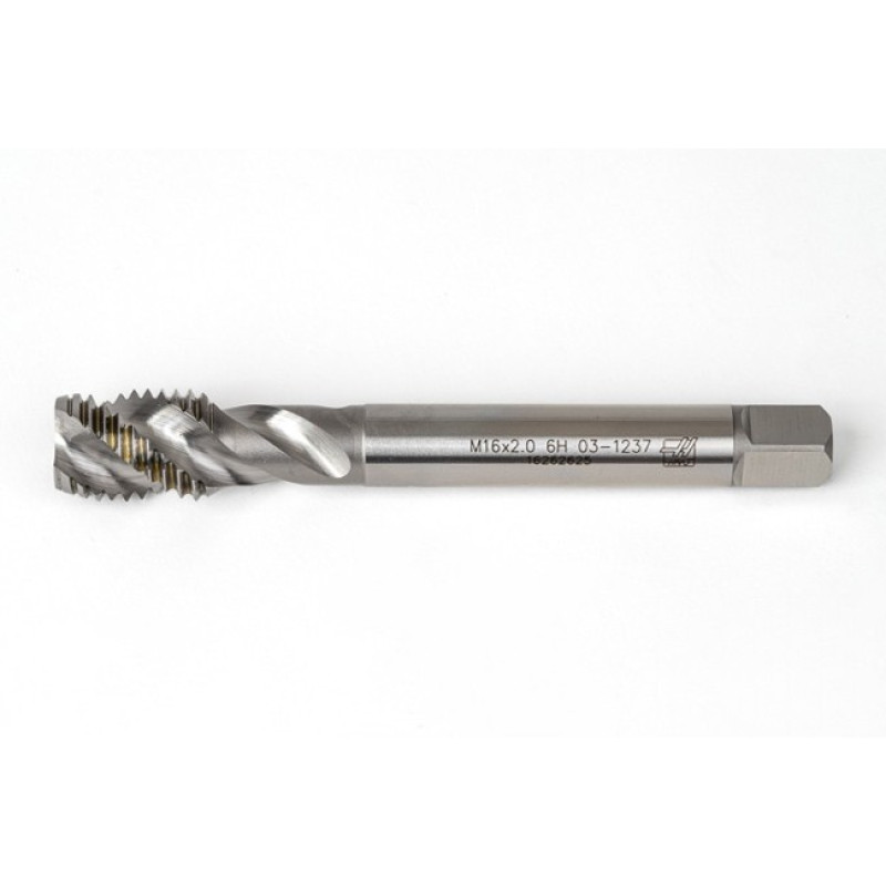 M16x2.0 M HSS-E Spiral Flute Tap, 12mm Shank x 20mm Thread Length, 2.5XD, Mod. Bottoming, 3 Flute, 6H, Uncoated