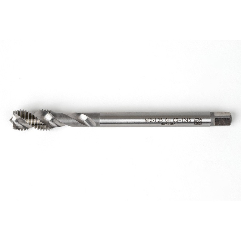M10x1.25 MF HSS-E Spiral Flute Tap, 7mm Shank x 16mm Thread Length, 2.5XD, Mod. Bottoming, 2 Flute, 6H, Uncoated