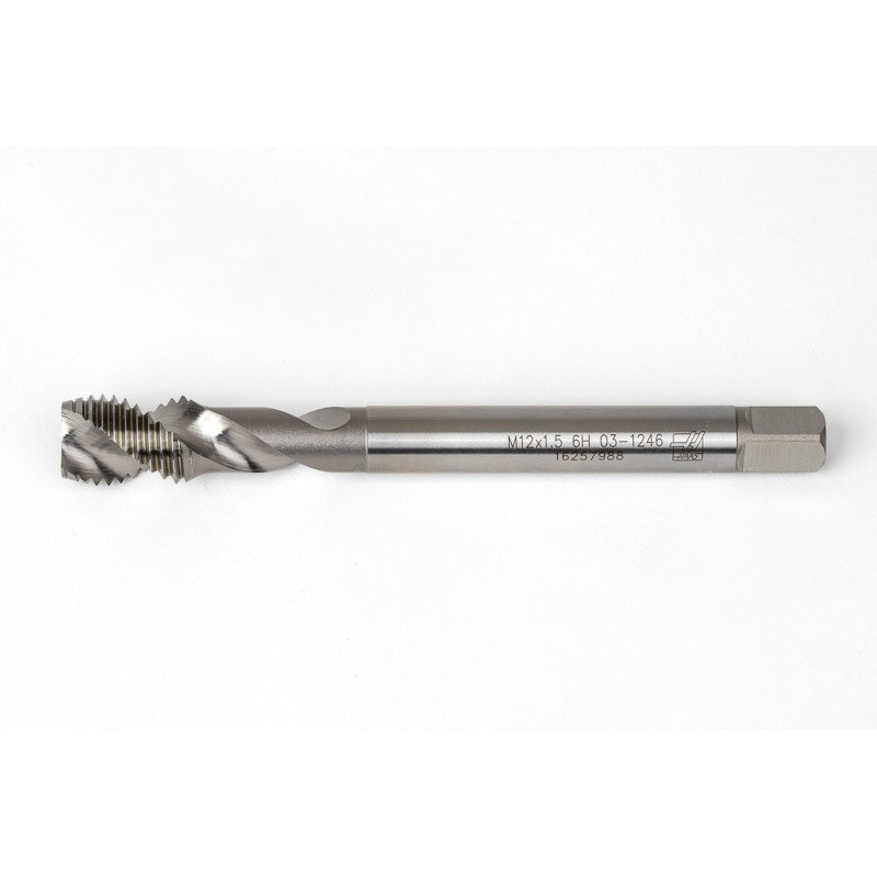M12x1.5 MF HSS-E Spiral Flute Tap, 9mm Shank x 15mm Thread Length, 2.5XD, Mod. Bottoming, 2 Flute, 6H, Uncoated