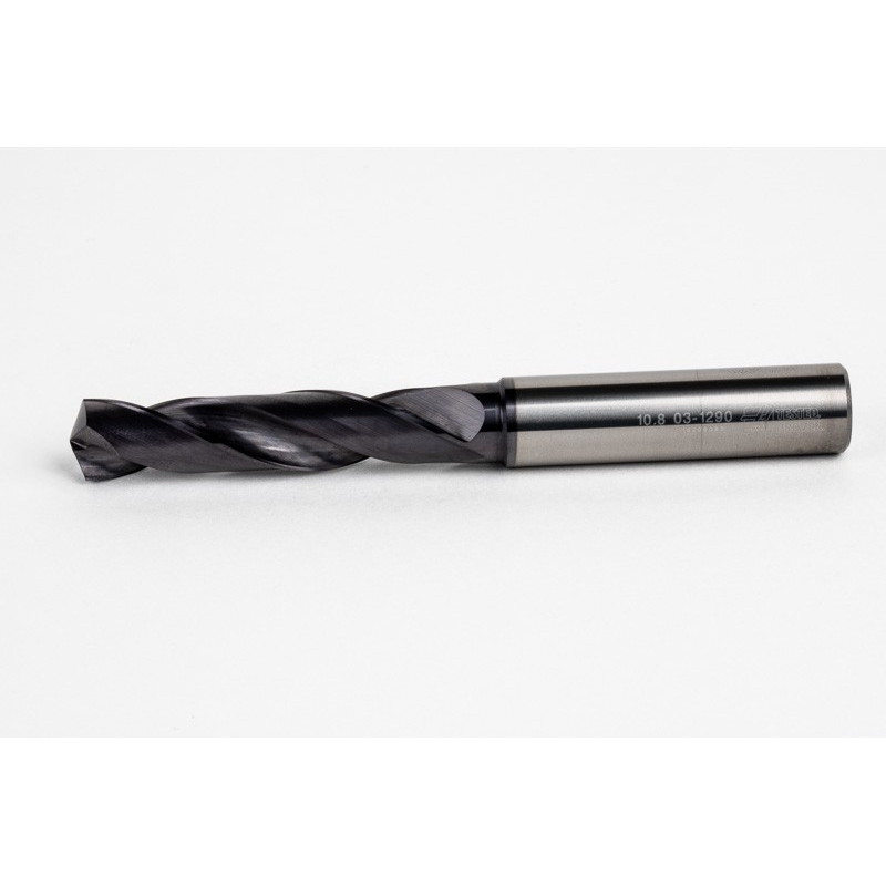 10.8mm Ø Carbide Drill, 12mm Shank x 140° Point Angle x 30° Helix, 3XD, 2 Flute, TiAlN Coated, GP