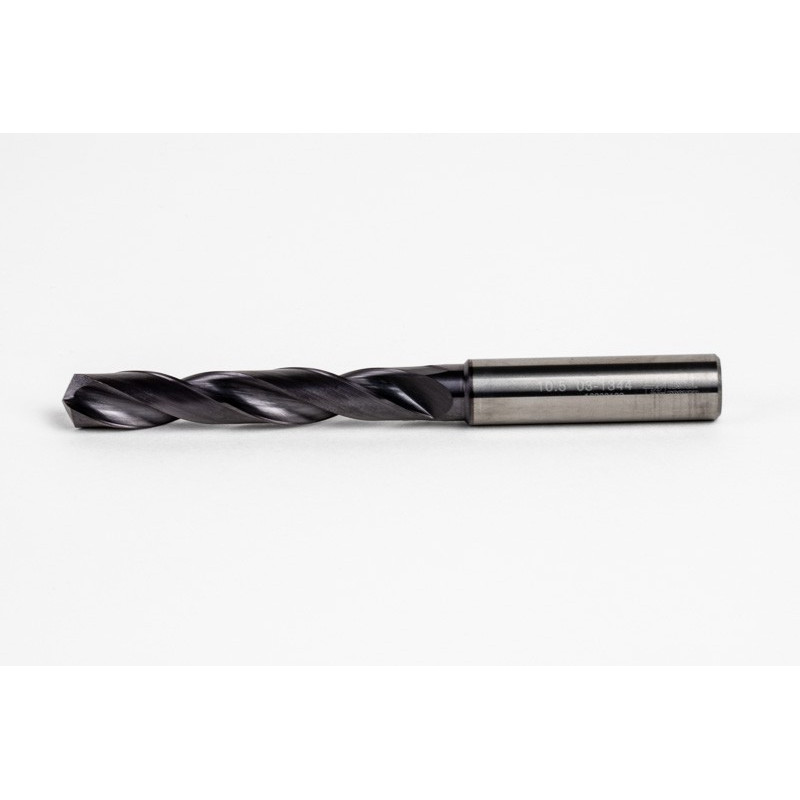 10.5mm Ø Carbide Drill, 12mm Shank x 140° Point Angle x 30° Helix, 5XD, 2 Flute, TiAlN Coated, GP