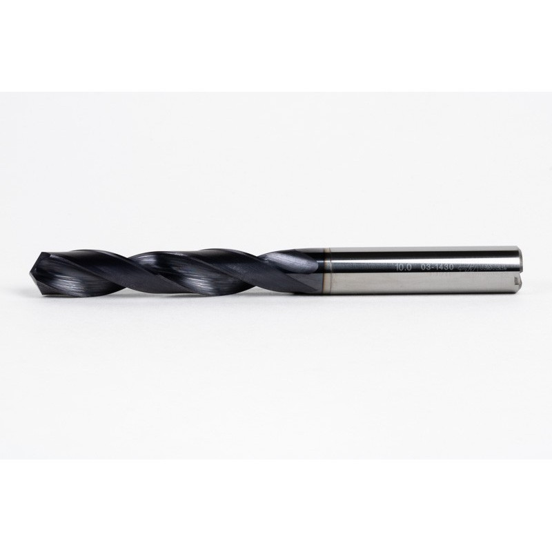 10mm Ø Carbide Drill, 10mm Shank x 140° Point Angle x 30° Helix, 5XD, 2 Flute, TiAlN Coated, Inox / SS, TSC